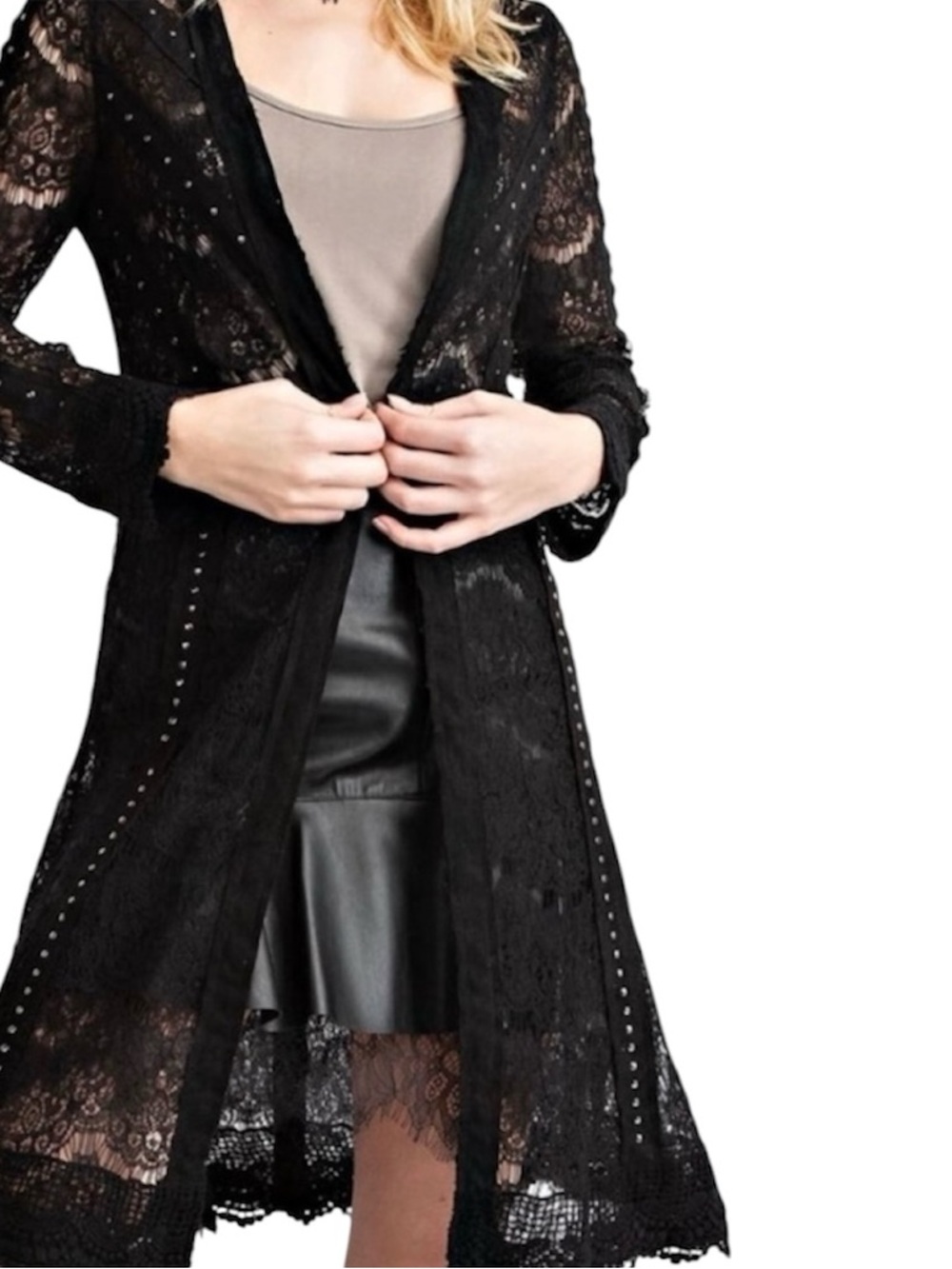 Vocal Black Studded Lace Faux Suede Duster Cardigan M